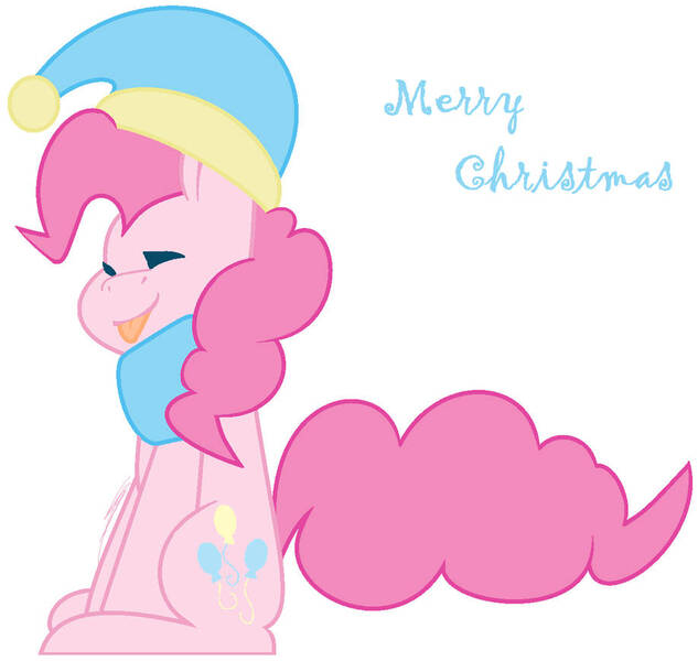 Size: 918x870 | Tagged: safe, artist:eivilpotter, derpibooru import, pinkie pie, christmas, clothes, eyes closed, hat, holiday, image, jpeg, merry christmas, scarf, simple background, sitting, smiling, solo, text, tongue out