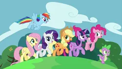 Size: 1470x828 | Tagged: safe, derpibooru import, edit, edited screencap, editor:incredibubbleirishguy, screencap, applejack, fluttershy, pinkie pie, rainbow dash, rarity, spike, twilight sparkle, all bottled up, best friends until the end of time, image, mane six, png, spring, trotting