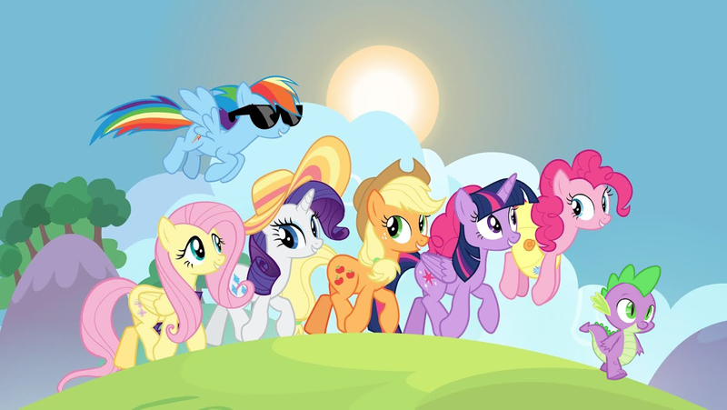 Size: 1470x828 | Tagged: safe, derpibooru import, edit, edited screencap, editor:incredibubbleirishguy, screencap, applejack, fluttershy, pinkie pie, rainbow dash, rarity, spike, twilight sparkle, twilight sparkle (alicorn), alicorn, dragon, earth pony, pegasus, pony, unicorn, best friends until the end of time, floaty, hat, image, mane seven, mane six, png, pool toy, summer, sun, sun hat, sunglasses