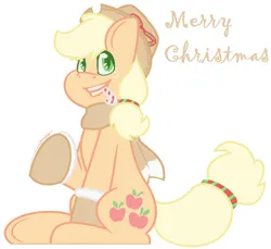 Size: 934x855 | Tagged: safe, artist:eivilpotter, derpibooru import, applejack, earth pony, pony, candy, candy cane, christmas, clothes, female, food, holiday, image, jpeg, looking at you, mare, merry christmas, mittens, ribbon, scarf, simple background, solo, text