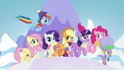 Size: 1470x828 | Tagged: safe, derpibooru import, edit, edited screencap, editor:incredibubbleirishguy, screencap, applejack, fluttershy, pinkie pie, rainbow dash, rarity, spike, twilight sparkle, best friends until the end of time, clothes, hat, image, mane six, png, scarf, snow, winter, winter hat