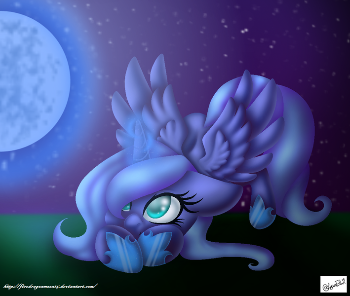 Size: 1102x932 | Tagged: safe, artist:firedragonmoon15, derpibooru import, princess luna, pony, face down ass up, female, filly, glow, glowing horn, hoof shoes, horn, image, looking at something, looking at the moon, magic, moon, night, night sky, png, sky, spread wings, telekinesis, wings, woona, younger