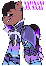 Size: 828x1176 | Tagged: safe, artist:eivilpotter, derpibooru import, oc, unofficial characters only, pony, crossover, female, image, mare, overwatch, png, simple background, solo, sombra (overwatch), text