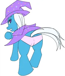 Size: 550x636 | Tagged: suggestive, artist:rawmel, derpibooru import, trixie, pony, unicorn, butt, cameltoe, cape, clothes, hat, image, looking at you, panties, plot, png, seductive, seductive look, simple background, solo, tail, underwear, white background