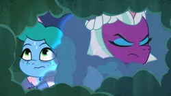 Size: 3072x1727 | Tagged: safe, derpibooru import, screencap, alicorn, pony, unicorn, g5, my little pony: tell your tale, spoiler:g5, spoiler:my little pony: tell your tale, spoiler:tyts01e49, duo, duo female, eyes closed, female, frown, image, jpeg, mare, mission imponable, misty brightdawn, opaline arcana, sweat, sweatdrop