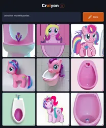 Size: 1536x1850 | Tagged: suggestive, craiyon, derpibooru import, machine learning generated, pony, 2d, 3d, bathroom, black background, fusion, image, machine learning abomination, pink, png, probably not salmon, simple background, sink, tiled floor, tiles, urinal, we are going to hell, white background, why