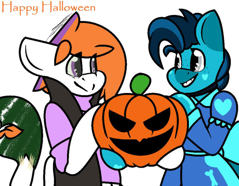 Size: 992x770 | Tagged: safe, artist:eivilpotter, derpibooru import, oc, unofficial characters only, pony, clothes, costume, duo, halloween, happy halloween, holiday, image, jpeg, looking at each other, looking at someone, pumpkin, simple background, text