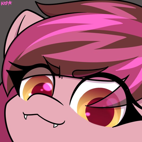 Size: 1500x1500 | Tagged: safe, artist:koapony, derpibooru import, oc, unofficial characters only, pony, :3, cute, cute little fangs, eye clipping through hair, fangs, image, jpeg, looking at you, solo