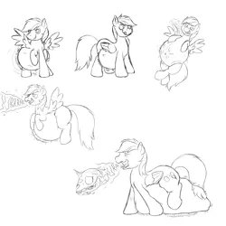 Size: 5000x5000 | Tagged: semi-grimdark, suggestive, artist:xyclone, derpibooru import, rainbow dash, pegasus, pony, abdominal bulge, belly, belly button, burp, burping up items, chubby, image, implied death, licking, licking lips, monochrome, onomatopoeia, png, preddash, simple background, skull, stomach noise, tongue out, trait assimilation, vore, white background