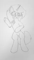 Size: 1432x2546 | Tagged: safe, artist:just rusya, derpibooru import, oc, oc:4 bore, unicorn, bipedal, chest fluff, derpibooru exclusive, image, jpeg, looking down, monochrome, open mouth, pencil drawing, raised hoof, solo, traditional art, underhoof