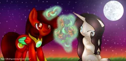Size: 1580x768 | Tagged: safe, artist:firedragonmoon15, derpibooru import, oc, oc:phoenix scarletruby, alicorn, pony, brown mane, brown tail, colored wings, comforting, crying, cutie mark, full moon, glow, glowing horn, hoof shoes, horn, image, jewelry, looking at someone, magic, mint wings, moon, necklace, night, night sky, one eye closed, png, red coat, red wings, sitting, sky, smiling, standing, tail, telekinesis, two toned wings, wings, wiping tears