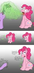 Size: 2100x4483 | Tagged: safe, artist:xyclone, derpibooru import, pinkie pie, twilight sparkle, earth pony, unicorn, belly, burp, chubby, comic, dialogue, gradient background, hiccup, image, png, vulgar