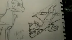 Size: 3264x1836 | Tagged: safe, derpibooru import, oc, oc:val, unofficial characters only, original species, plane pony, pony, diving, drawing, female, image, jpeg, looking down, mare, pencil drawing, plane, simple background, solo, solo female, traditional art, white background, xb-70 valkyrie