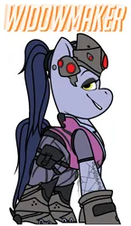 Size: 864x1488 | Tagged: safe, artist:eivilpotter, derpibooru import, oc, unofficial characters only, pony, crossover, female, helmet, image, mare, overwatch, png, ponytail, simple background, solo, text, widowmaker