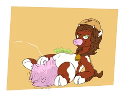 Size: 2300x1800 | Tagged: grimdark, suggestive, alternate version, artist:xyclone, derpibooru import, oc, oc:southern comfort, unofficial characters only, cow, cow pony, bell, belly button, breast milk, chubby, cowbell, cowboy hat, female, hat, image, implied death, implied vore, lactation, looking at you, milk, png, post-vore, signature, simple background, solo, solo female, stomach noise, transparent background, udder, vore