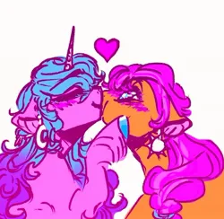 Size: 540x527 | Tagged: safe, artist:rareapples, derpibooru import, izzy moonbow, sunny starscout, earth pony, pony, unicorn, 2d, digital art, eyes rolling back, female, g5, happy, horn, image, jpeg, kiss on the lips, kissing, long mane, mare, shipping, simple background, smiling