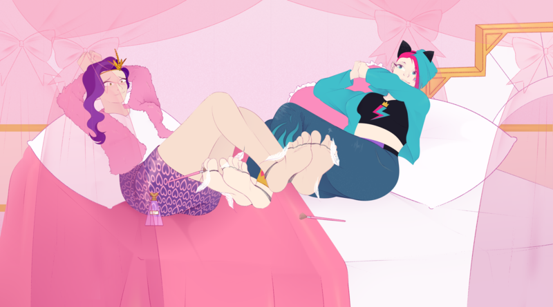 Size: 3640x2023 | Tagged: suggestive, alternate version, artist:arina-gremyako, derpibooru import, pipp petals, zipp storm, human, alternate hairstyle, barefoot, bed, belt, blanket, bondage, brush, cat ears, clothes, commission, denim, derpibooru exclusive, duo, duo female, erotic tickling, face paint, feather, feet, female, femsub, fetish, foot fetish, fur coat, g5, hairband, humanized, image, jacket, jeans, midriff, oil, paintbrush, pants, png, rope, rope bondage, royal sisters (g5), shirt, siblings, sisters, submissive, t-shirt, tickle fetish, tickle torture, tickling, toe tied, toes