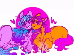 Size: 540x405 | Tagged: safe, artist:rareapples, derpibooru import, izzy moonbow, sunny starscout, earth pony, pony, unicorn, 2d, digital art, female, g5, happy, horn, image, jpeg, kissing, long mane, looking at each other, looking at someone, mare, nuzzling, shipping, simple background, sitting, smiling, smiling at each other