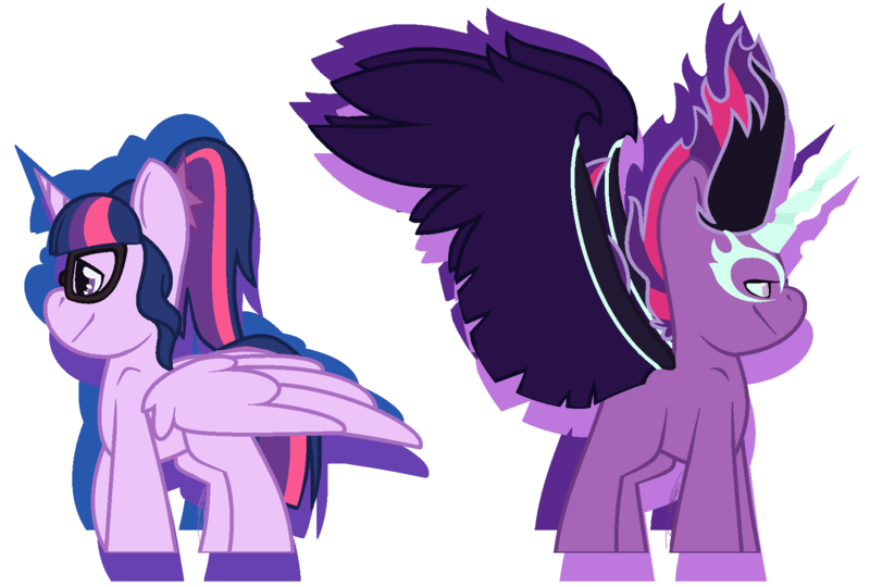 Size: 1712x1156 | Tagged: safe, artist:eivilpotter, derpibooru import, sci-twi, twilight sparkle, ponified, alicorn, pony, equestria girls, colored wings, duo, glasses, glow, glowing horn, horn, image, magic, midnight sparkle, multicolored hair, multicolored wings, png, simple background, wings