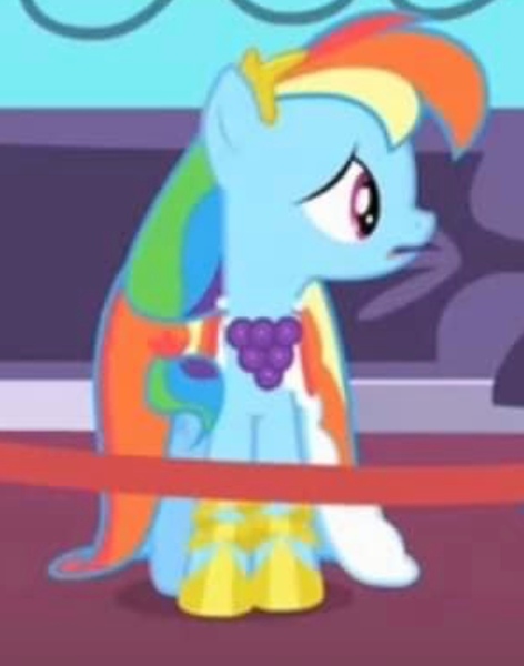 Size: 1234x1568 | Tagged: safe, derpibooru import, screencap, rainbow dash, pegasus, pony, the best night ever, alone, alternate hairstyle, canterlot, canterlot castle, carpet, clothes, cropped, cute, dashabetes, dress, gala dress, gown, grand galloping gala, image, jpeg, sad, sadorable, solo