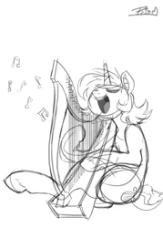 Size: 750x1049 | Tagged: safe, artist:prismspark, derpibooru import, lyra heartstrings, pony, unicorn, 30 minute art challenge, black and white, grayscale, harp, image, monochrome, music, music notes, musical instrument, playing instrument, png, simple background, sketch, smiling, solo, white background