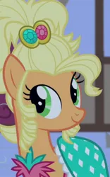 Size: 976x1568 | Tagged: safe, derpibooru import, screencap, applejack, earth pony, pony, simple ways, alternate hairstyle, applejewel, ball, clothes, cropped, dress, gala, gown, happy, image, jpeg, missing accessory, night, ponyville, relief, relieved, smiling, solo, town hall