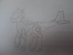 Size: 720x540 | Tagged: safe, derpibooru import, oc, unofficial characters only, original species, plane pony, pony, robot, robot pony, wheelpone, image, jpeg, no eyes, no face, pencil drawing, plane, simple background, solo, traditional art, white background