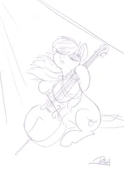 Size: 1500x2100 | Tagged: safe, artist:prismspark, derpibooru import, octavia melody, earth pony, pony, 30 minute art challenge, cello, eyes closed, image, monochrome, musical instrument, playing instrument, png, solo, spotlight