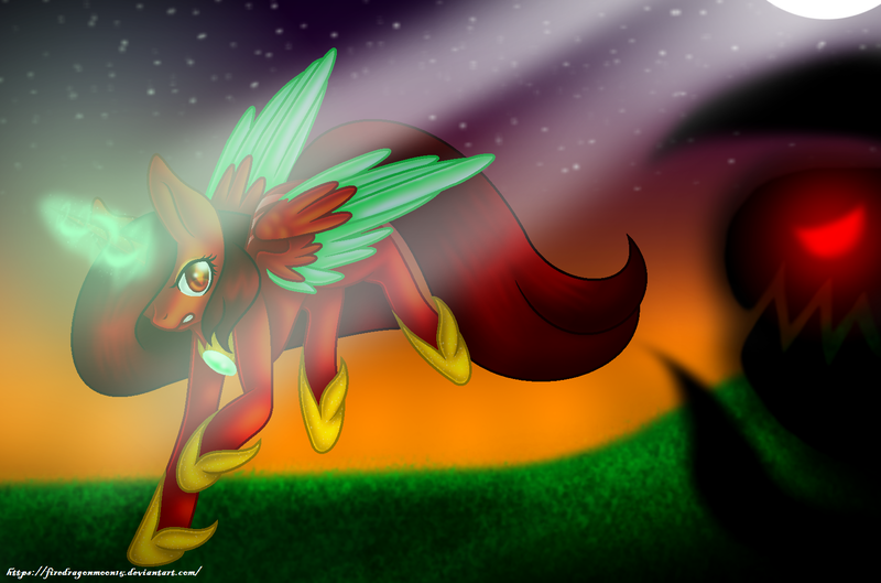 Size: 1682x1112 | Tagged: safe, artist:firedragonmoon15, derpibooru import, oc, oc:phoenix scarletruby, alicorn, pony, brown mane, brown tail, colored wings, darkness, fight, glow, glowing horn, hoof shoes, horn, image, jewelry, light rays, mint wings, monster, necklace, png, red coat, red eyes, red wings, spread wings, stars, tail, two toned wings, wings