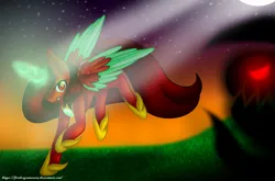 Size: 1682x1112 | Tagged: safe, artist:firedragonmoon15, derpibooru import, oc, oc:phoenix scarletruby, alicorn, pony, brown mane, brown tail, colored wings, darkness, fight, glow, glowing horn, hoof shoes, horn, image, jewelry, light rays, mint wings, monster, necklace, png, red coat, red eyes, red wings, spread wings, stars, tail, two toned wings, wings