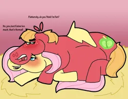 Size: 1016x787 | Tagged: safe, artist:cookie-lovey, derpibooru import, big macintosh, fluttershy, earth pony, pegasus, pony, 2012, bigger macintosh, blushing, cuddling, dialogue, fat, female, fluttermac, hay, image, jpeg, lidded eyes, looking back, lying down, male, mare, open mouth, open smile, prone, shipping, smiling, stallion, straight, straw, style emulation, text, the fairly oddparents