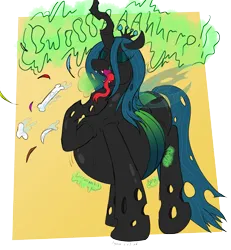 Size: 3145x3400 | Tagged: semi-grimdark, suggestive, artist:xyclone, derpibooru import, queen chrysalis, changeling, changeling queen, belly, bone, burp, burping feathers, burping up items, chubby, fangs, fat, feather, female, forked tongue, image, png, post-vore, queen chrysalard, simple background, stomach noise, tongue out, transparent background, vore, weight gain