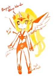 Size: 652x908 | Tagged: safe, artist:fecchi-freya, derpibooru import, daybreaker, human, alicorn humanization, alternate hairstyle, belly button, clothes, crown, elf ears, female, high heels, horn, horned humanization, humanized, image, jewelry, midriff, png, reference sheet, regalia, shoes, simple background, skirt, solo, white background, winged humanization, wings