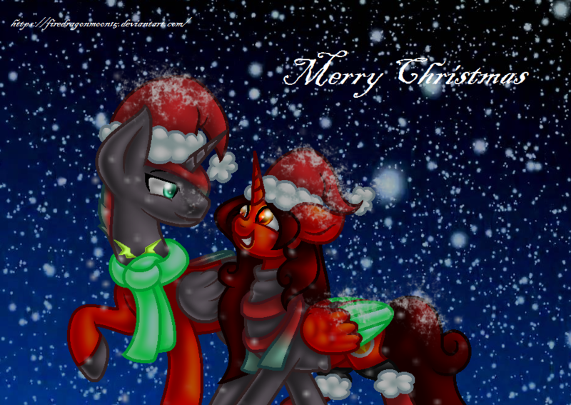Size: 929x659 | Tagged: safe, artist:firedragonmoon15, derpibooru import, oc, oc:phoenix scarletruby, alicorn, pony, brother and sister, brown coat, brown mane, brown tail, christmas, clothes, colored wings, female, gradient background, hat, holiday, image, jewelry, looking at each other, looking at someone, male, merry christmas, mint wings, necklace, png, red coat, red wings, santa hat, scarf, siblings, smiling, snow, tail, two toned wings, walking, wings