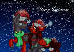 Size: 929x659 | Tagged: safe, artist:firedragonmoon15, derpibooru import, oc, oc:phoenix scarletruby, alicorn, pony, brother and sister, brown coat, brown mane, brown tail, christmas, clothes, colored wings, female, gradient background, hat, holiday, image, jewelry, looking at each other, looking at someone, male, merry christmas, mint wings, necklace, png, red coat, red wings, santa hat, scarf, siblings, smiling, snow, tail, two toned wings, walking, wings