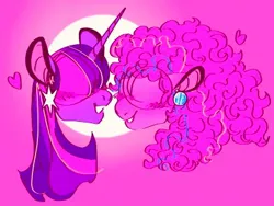 Size: 400x300 | Tagged: safe, artist:rareapples, derpibooru import, pinkie pie, twilight sparkle, twilight sparkle (alicorn), alicorn, earth pony, pony, 2d, colored, digital art, ear piercing, earring, female, happy, horn, hug, image, jewelry, jpeg, lesbian, looking at each other, looking at someone, love, mare, piercing, shipping, smiling, smiling at each other, standing, wings