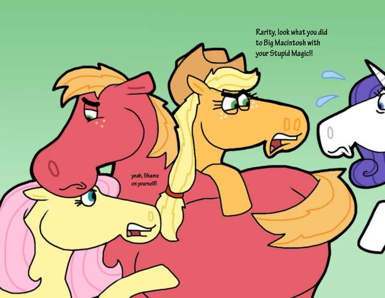 Size: 1016x787 | Tagged: safe, artist:cookie-lovey, derpibooru import, applejack, big macintosh, fluttershy, rarity, earth pony, pegasus, pony, unicorn, 2013, angry eyes, belly, big belly, big pregintosh, dialogue, female, fluttermac, frown, green background, image, jpeg, looking down, male, male pregnancy, mare, nervous sweat, offscreen character, open mouth, pregnant, rarimac, shipping, simple background, stallion, straight, style emulation, the fairly oddparents, wavy mouth, yelling