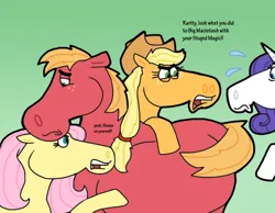 Size: 1016x787 | Tagged: safe, artist:cookie-lovey, derpibooru import, applejack, big macintosh, fluttershy, rarity, earth pony, pegasus, pony, unicorn, 2013, angry eyes, belly, big belly, big pregintosh, dialogue, female, fluttermac, frown, green background, image, jpeg, looking down, male, male pregnancy, mare, nervous sweat, offscreen character, open mouth, pregnant, rarimac, shipping, simple background, stallion, straight, style emulation, the fairly oddparents, wavy mouth, yelling
