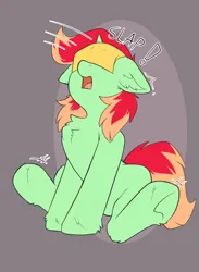 Size: 1610x2198 | Tagged: safe, artist:beardie, derpibooru import, oc, oc:jonin, unofficial characters only, pony, unicorn, cheese slap, chest fluff, image, male, onomatopoeia, open mouth, png, sitting, stallion, surprised, underhoof