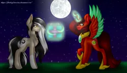 Size: 1532x880 | Tagged: safe, artist:firedragonmoon15, derpibooru import, oc, oc:phoenix scarletruby, alicorn, earth pony, pony, black mane, brown mane, brown tail, colored wings, cutie mark, full moon, glow, glowing horn, hoof shoes, horn, image, jewelry, looking at someone, magic, mint wings, moon, necklace, night, night sky, png, present, raised hoof, red coat, red wings, sky, spread wings, standing, surprised, tail, telekinesis, two toned wings, white mane, wings