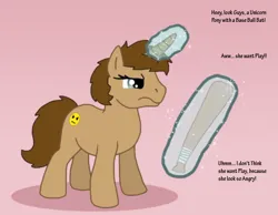 Size: 1016x787 | Tagged: safe, artist:cookie-lovey, derpibooru import, oc, unofficial characters only, pony, unicorn, 2013, angry, baseball bat, dialogue, female, frown, image, jpeg, levitation, magic, mare, narrowed eyes, offscreen character, pink background, ponysona, simple background, solo, telekinesis, text, this will end in pain