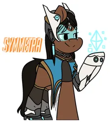 Size: 845x945 | Tagged: safe, artist:eivilpotter, derpibooru import, oc, unofficial characters only, earth pony, pony, crossover, female, image, jpeg, mare, overwatch, simple background, solo, symmetra, text