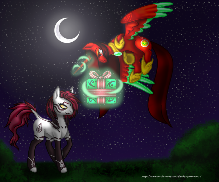 Size: 1416x1180 | Tagged: safe, artist:firedragonmoon15, derpibooru import, oc, oc:phoenix scarletruby, alicorn, pony, brown mane, brown tail, colored wings, crescent moon, flying, glow, glowing horn, hoof shoes, horn, image, jewelry, magic, mint wings, moon, necklace, night, night sky, png, present, red coat, red wings, sky, smiling, standing, tail, telekinesis, two toned wings, wings