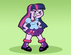 Size: 1016x787 | Tagged: safe, artist:cookie-lovey, derpibooru import, twilight sparkle, human, equestria girls, 2013, blouse, bowtie, breasts, busty twilight sparkle, clothes, evil grin, female, green background, grin, hand on hip, image, jpeg, looking at you, mary janes, shoes, simple background, skirt, smiling, smiling at you, socks, solo, style emulation, the fairly oddparents