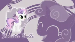 Size: 1920x1080 | Tagged: safe, artist:atomicgreymon, artist:biodegradablebox, artist:cradet, artist:pangbot, derpibooru import, edit, sweetie belle, pony, unicorn, abstract background, cutie mark crusaders patch, eyes closed, female, filly, foal, image, name, open mouth, open smile, png, smiling, solo, wallpaper, wallpaper edit