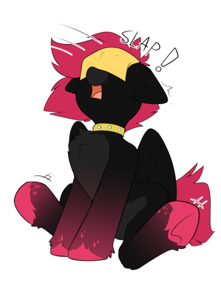 Size: 1610x2198 | Tagged: safe, alternate version, artist:beardie, derpibooru import, oc, oc:rubellite rhapsody, unofficial characters only, pegasus, pony, cheese slap, chest fluff, collar, female, image, mare, onomatopoeia, open mouth, png, simple background, sitting, surprised, transparent background, underhoof