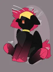Size: 1610x2198 | Tagged: safe, artist:beardie, derpibooru import, oc, oc:rubellite rhapsody, unofficial characters only, pegasus, pony, cheese slap, chest fluff, collar, female, image, mare, onomatopoeia, open mouth, png, sitting, surprised, underhoof