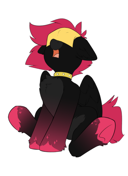 Size: 1610x2198 | Tagged: safe, alternate version, artist:beardie, derpibooru import, oc, oc:rubellite rhapsody, unofficial characters only, pegasus, pony, cheese slap, chest fluff, collar, female, image, mare, open mouth, png, sitting, surprised, underhoof