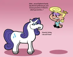 Size: 1016x787 | Tagged: safe, artist:cookie-lovey, derpibooru import, rarity, fairy, pony, unicorn, 2013, blonda, crossover, dialogue, duo, duo female, female, image, jpeg, lidded eyes, looking at each other, looking at someone, mare, open mouth, pink background, simple background, style emulation, teeth, text, the fairly oddparents, unshorn fetlocks, wanda