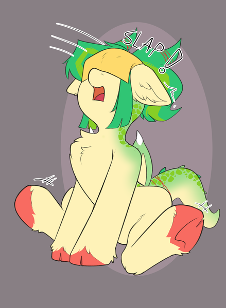 Size: 1610x2198 | Tagged: safe, artist:beardie, derpibooru import, oc, oc:jasmine threads, unofficial characters only, dracony, dragon, hybrid, pony, cheese slap, chest fluff, collar, female, image, mare, onomatopoeia, open mouth, png, sitting, surprised, underhoof